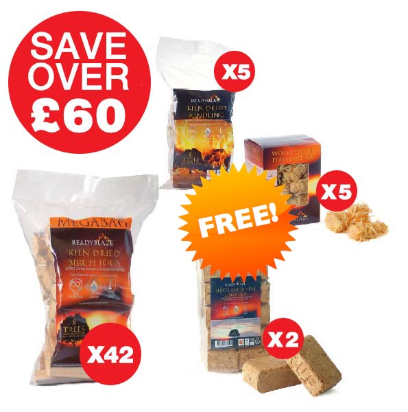 42 PACK OF 14KG MEGABAG BIRCH KILN DRIED LOGS, 5 FREE KINDLING, 5 FREE WOOD WOOL & 2 FREE BRIQUETTES - Firewood NI – Readyblaze Stockist