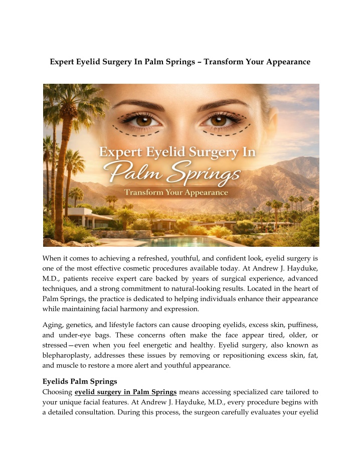 Expert Eyelid Surgery In Palm Springs – Transform Your Appearance