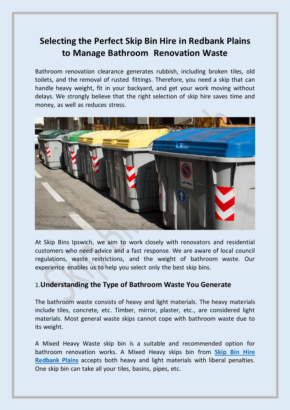 Selecting the Perfect Skip Bin Hire in Redbank Plains to Manage Bathroom Renovation Waste