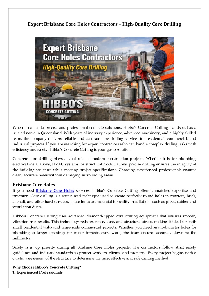 Expert Brisbane Core Holes Contractors – High-Quality Core Drilling