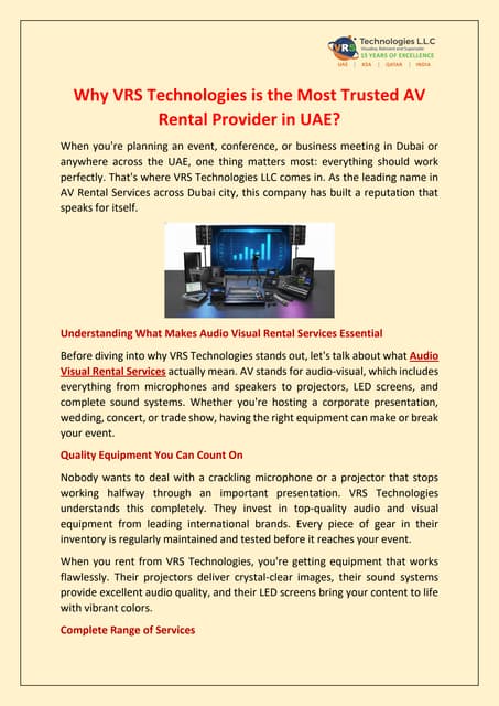 Why VRS Technologies is the Trusted AV Rental Provider in UAE? | PDF