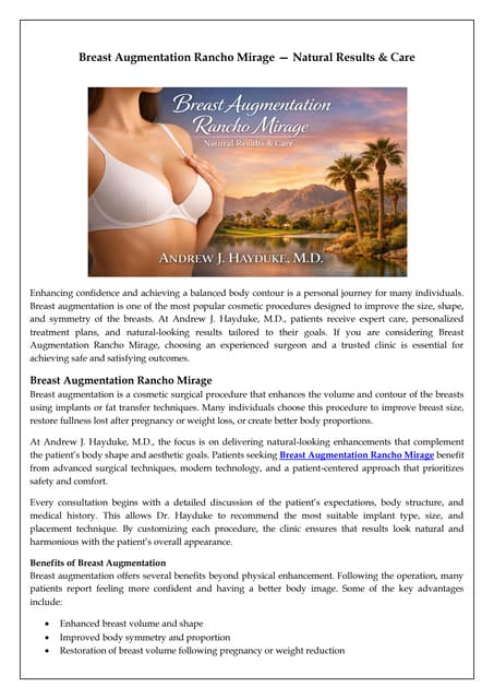 Breast Augmentation Rancho Mirage — Natural Results & Care