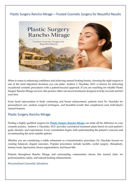 Plastic Surgery Rancho Mirage – Trusted Cosmetic Surgery for Beautiful Results