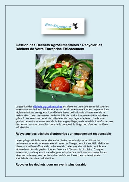 Déchets Agroalimentaires en France – Collecte, Valorisation et Recyclage | PDF